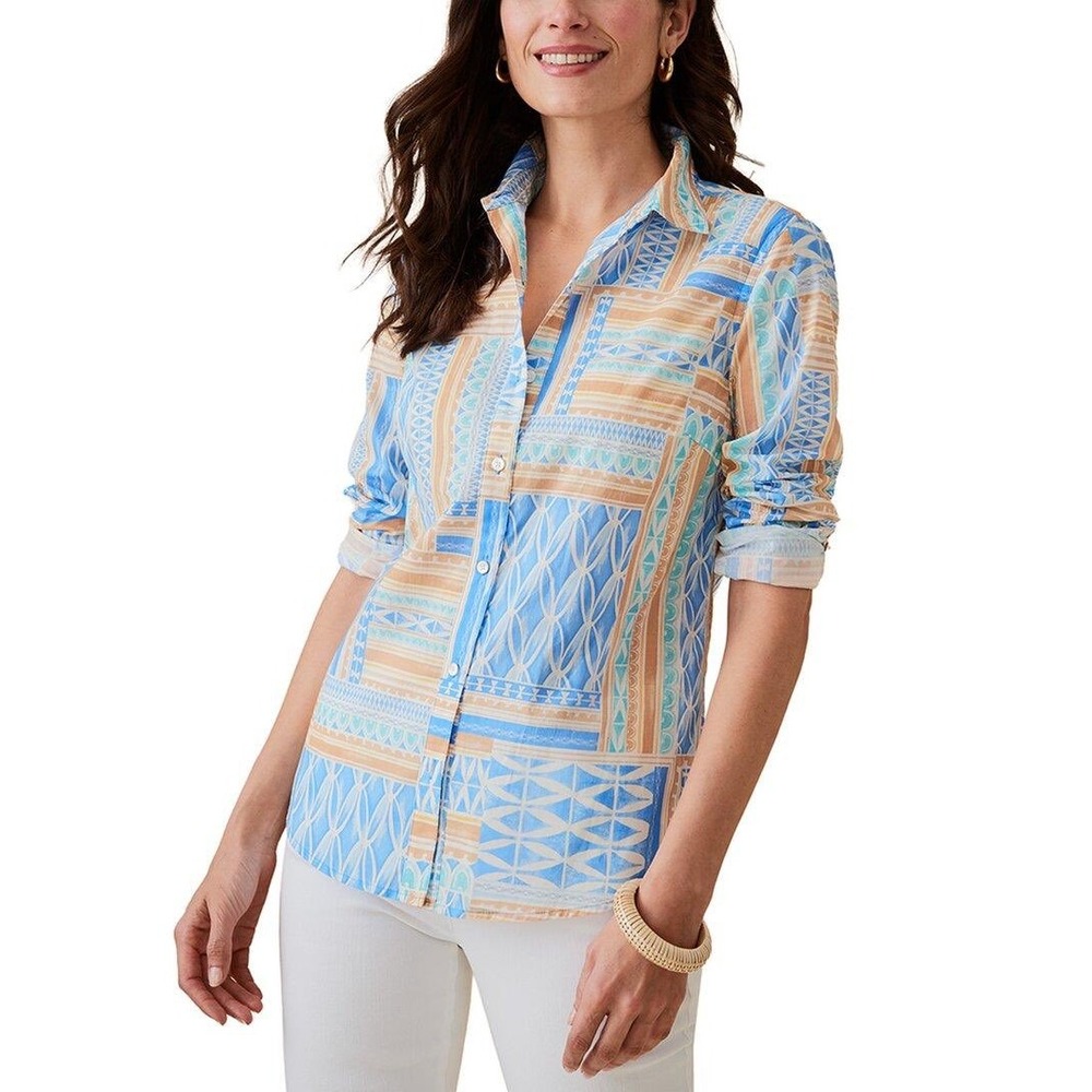 J.McLaughlin Lois Geometric Print Button Shirt Top M Blue Tan Lightweight Casual